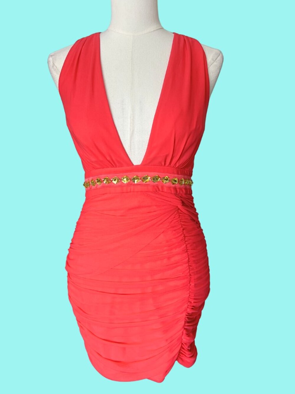 NWT Bebe Coral Goddess Ruched Mini Dress
